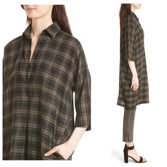 Vince Plaid Easy Pullover Cotton Cocoon Shirt Dress Small Green Lagenlook - Picture 8 of 13